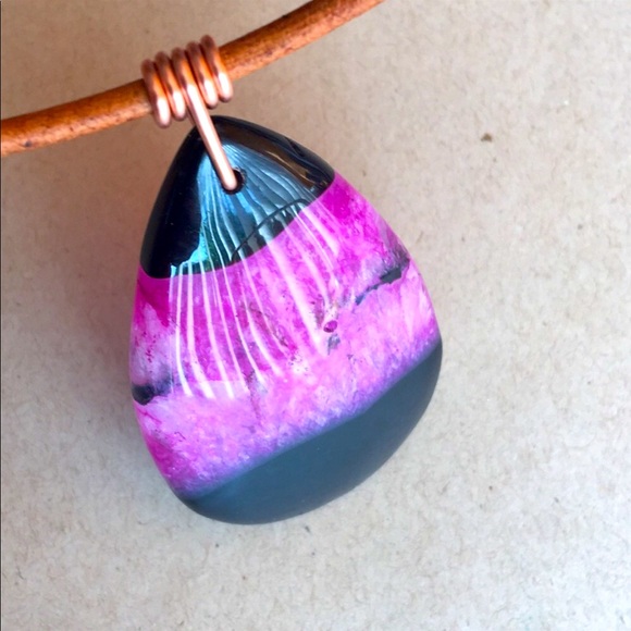 NEW Polished Agate Stone Pendant Copper Wire Wrap 16" Boho Choker Necklace - Picture 6 of 11